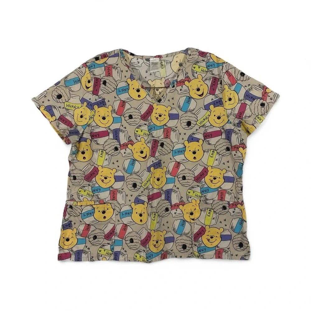 Disney Winnie The Pooh Hunny Pot Tan Beige Cream‎ Women's Scrub Top Size 2X